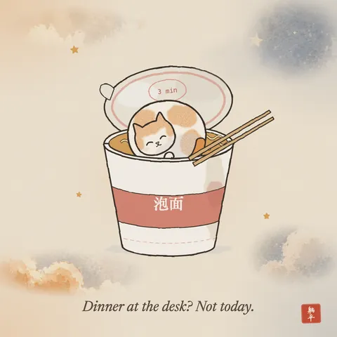 A ginger-and-white cat curled up inside an instant noodle cup labelled 泡面, eyes happily shut, among the noodles. The lid is peeled back and a pair of chopsticks rests across the rim. Caption: Dinner at the desk? Not today.