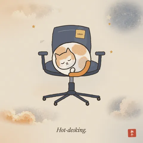 A cream and ginger cat curled up asleep on the seat of a swivel office chair. A sticky note on the backrest says taken. Caption: Hot-desking.