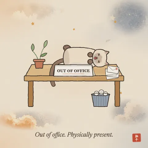 A Siamese cat lying on its back on a desk, yawning, behind a folded tent card that reads OUT OF OFFICE. A pile of unopened envelopes waits at the corner of the desk. Caption: Out of office. Physically present.