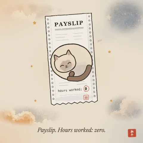 A Siamese cat curled up asleep in the middle of a long printed payslip. Above it the slip says PAYSLIP; below it, hours worked: 0. Caption: Payslip. Hours worked: zero.