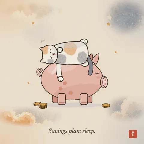 A calico cat asleep with its tongue out, draped across the back of a pink ceramic piggy bank, one paw and its tail hanging down the side. A few gold coins lie on the floor. Caption: Savings plan: sleep.