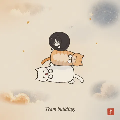 Three cats asleep in a heap: a white cat on its back at the bottom, an orange tabby on top of it, and a tuxedo cat curled up at the summit. Caption: Team building.