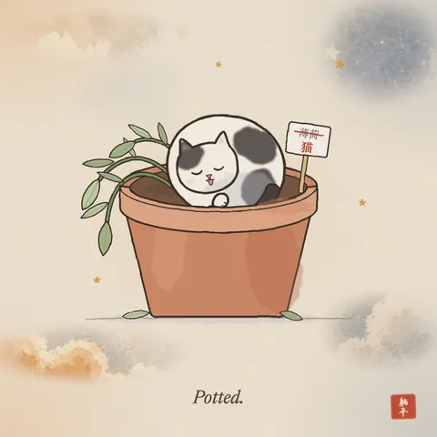 A black-and-white cat curled up inside a big terracotta flower pot with its tongue out. The plant has been squashed flat over the rim, and the plant label has 薄荷 (mint) crossed out and 猫 (cat) written underneath. Caption: Potted.