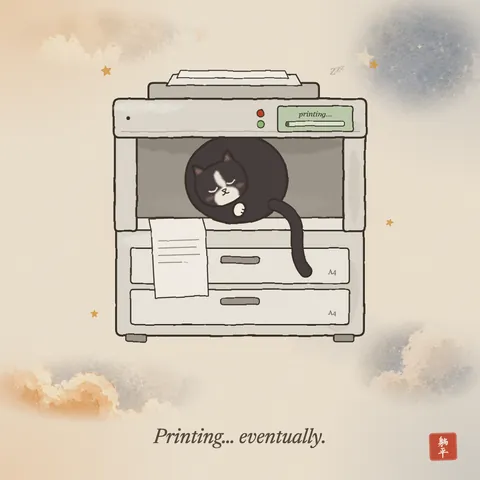 A tuxedo cat curled up asleep in the output tray of an office printer, tail hanging over the edge. A half-printed page sticks out from underneath it and the little screen says printing, 1%. Caption: Printing… eventually.