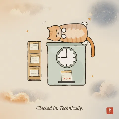An orange tabby cat asleep on its back on top of an office punch clock, tail hanging down the side. The clock says nine and the time card in the slot reads IN 9:00. Caption: Clocked in. Technically.
