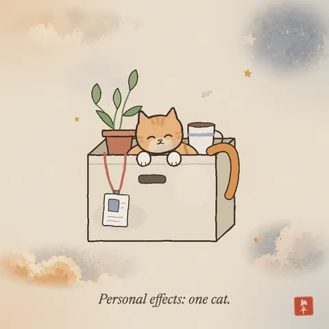 An office leaving box holding a potted plant, a mug and an orange tabby cat, chin on the edge, looking pleased. An ID badge on a lanyard hangs over the front. Caption: Personal effects: one cat.