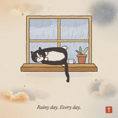 A tuxedo cat lying stretched along an indoor windowsill, one eye half open, tail dangling over the edge. Rain streaks down the window and drops bead on the glass; a little potted plant and a cup of tea share the sill. Caption: Rainy day. Every day.