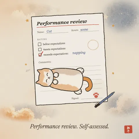 A cream and ginger cat asleep on its back across a performance review form. The ticked box reads exceeds expectations: napping, and the form is signed with a paw print. Caption: Performance review. Self-assessed.