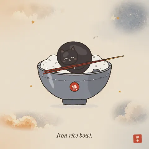A black cat curled up asleep and smiling in a big iron rice bowl heaped with white rice, a pair of red chopsticks resting across the rim. The bowl is stamped 铁: iron. Caption: Iron rice bowl.