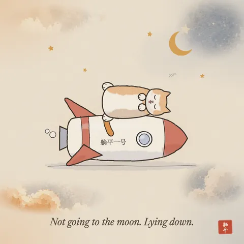A toy rocket lying on its side on the ground, not going anywhere. A cat sleeps on its back on top of it. The moon is up in the corner, unvisited. Caption: Not going to the moon. Lying down.