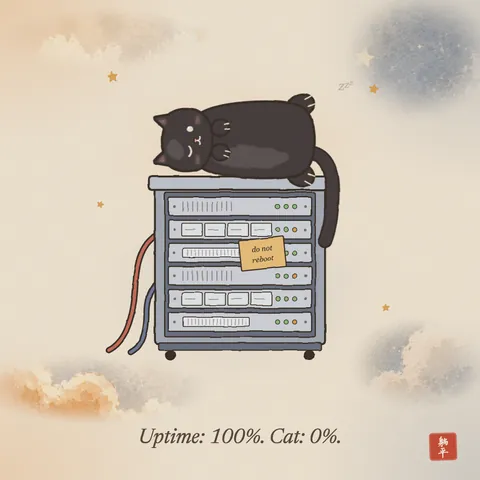 A black cat lying on its back on top of a warm server rack full of blinking lights, one eye half open, tail hanging down the side. A sticky note on the rack says do not reboot. Caption: Uptime: 100%. Cat: 0%.