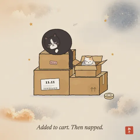 A tuxedo cat curled up asleep on top of a pile of taped-up delivery boxes, tail hanging over the edge. The biggest box has a shipping label that says 11.11. A calico kitten is asleep in the one open box. Caption: Added to cart. Then napped.