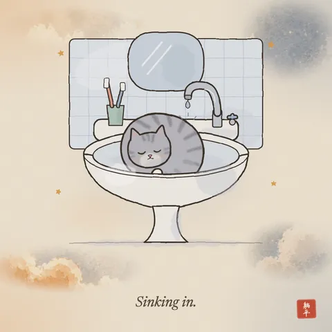 A grey tabby curled up asleep inside a white pedestal sink in a tiled bathroom. The tap drips steadily onto its back; a cup of toothbrushes waits on the ledge. Caption: Sinking in.