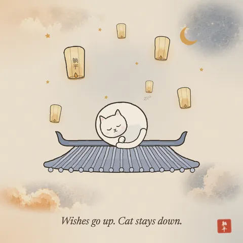 Night over a tiled Chinese rooftop. A white cat sleeps curled up on the ridge while glowing paper sky lanterns float up around it, one of them marked 躺平. Caption: Wishes go up. Cat stays down.