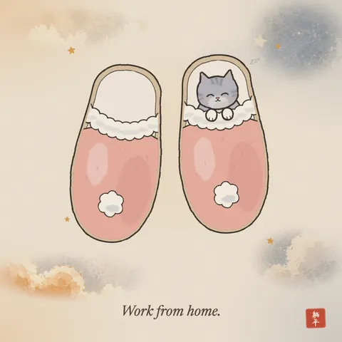 A pair of fluffy pink slippers seen from above. A grey tabby kitten is tucked into the right one up to its chin, paws resting on the fluffy trim. Caption: Work from home.