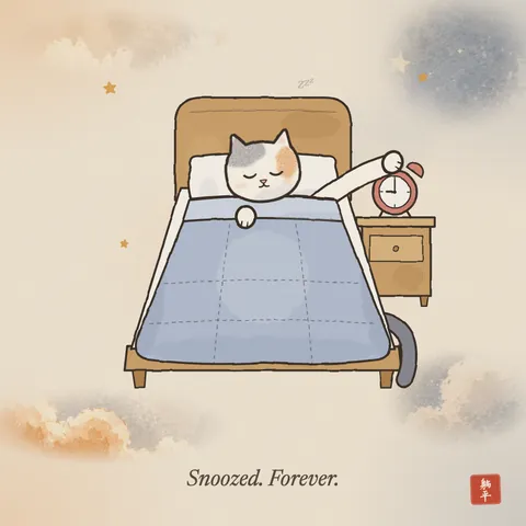 A calico cat tucked into bed, head on the pillow and the blanket up to its chin. One paw has reached out and is resting flat on the alarm clock, which reads 9:00. Caption: Snoozed. Forever.
