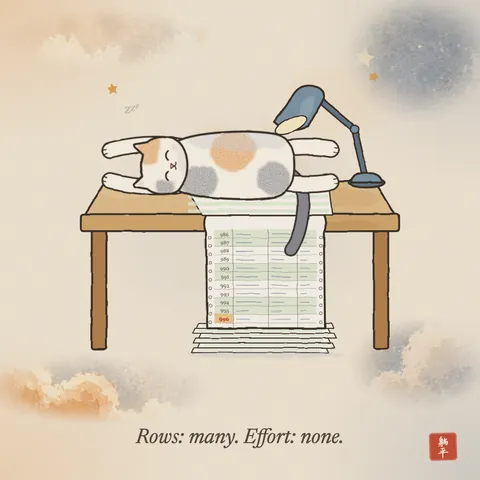 A calico cat stretched out full length on a desk, lying on a huge spreadsheet printout that spills over the edge and piles up in folds on the floor. The last row is number 996. Caption: Rows: many. Effort: none.