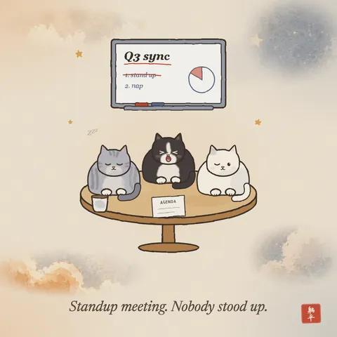 Three cats, grey, tuxedo and white, loafing on a round meeting table: one asleep, one yawning, one peeking. The whiteboard behind them reads Q3 sync, with stand up crossed out and nap next. Caption: Standup meeting. Nobody stood up.
