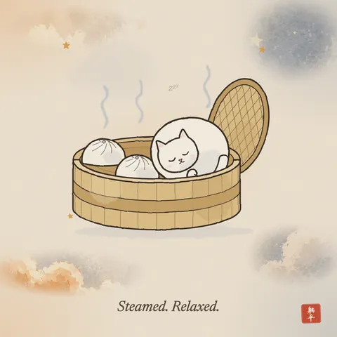A bamboo steamer holding two steamed buns and one white cat curled up asleep beside them, round and pale like a third bun. The lid leans against the back; a little steam rises. Caption: Steamed. Relaxed.