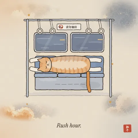 An orange tabby cat stretched out asleep across all three seats of an empty subway car, front paws reaching past its head and tail hanging down. Hand straps sway overhead and a sign above the windows reads 请勿躺卧: no lying down. Caption: Rush hour.