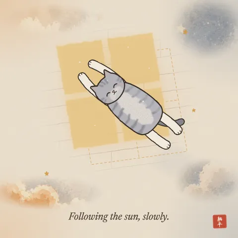 A grey tabby stretched out long on a wooden floor, eyes happily shut, inside a window-shaped patch of sunlight. The patch has already moved on a little; the cat's back legs are still where it used to be. Caption: Following the sun, slowly.