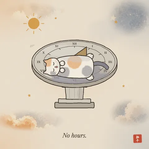 A stone sundial on a pedestal in the sun. A calico cat lies across the dial on its back with its tongue out, and its shadow falls over the hours. Caption: No hours.