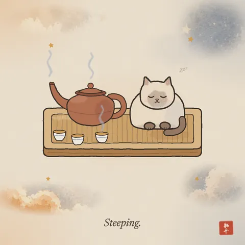 A Siamese cat sitting like a loaf on a wooden tea tray, eyes shut, next to a round clay teapot the same colour as its ears. Three tiny cups of tea stand in front; steam curls from the spout. Caption: Steeping.