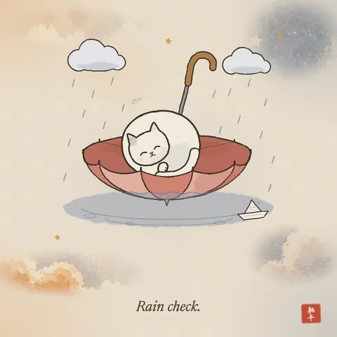 In the rain, an open umbrella floats upside down on a puddle like a little boat, its handle standing up like a mast. A white cat is curled up inside, eyes happily shut, while a paper boat drifts past. Caption: Rain check.