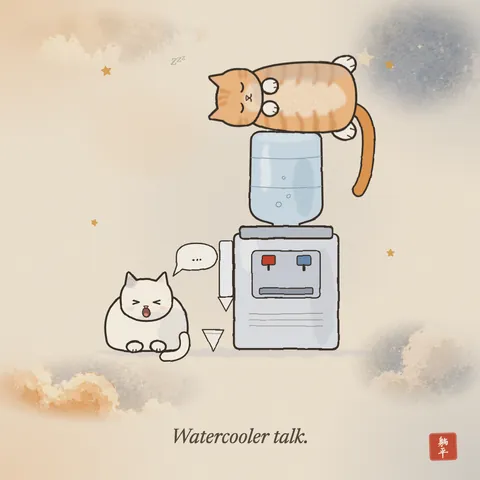 An orange tabby cat asleep draped over the top of an office water cooler, tail hanging down. A white cat loafs at its foot beside a paper cup, yawning. Caption: Watercooler talk.