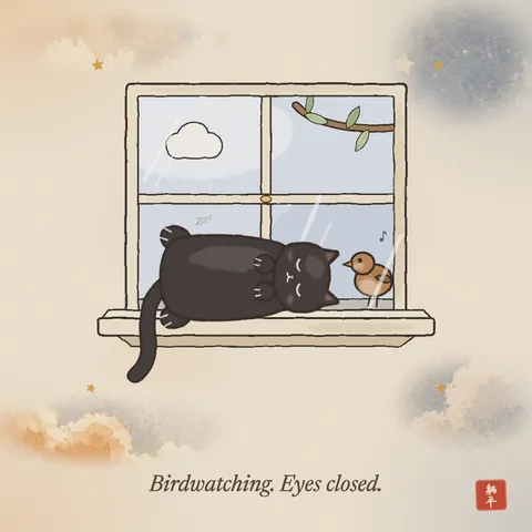 A black cat asleep on its back on a windowsill, eyes shut. On the other side of the glass a small brown bird stands on the outside ledge, singing at it. Caption: Birdwatching. Eyes closed.