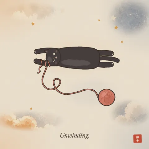 A black cat stretched out flat, one eye half open. A ball of red yarn has rolled away and unravelled; the loose end is wound round the cat's outstretched paw. Caption: Unwinding.