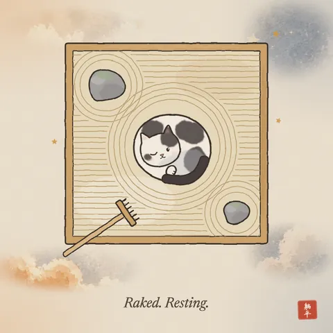 A zen sand garden seen from above. The raked lines flow in neat rings around two stones and around a black-and-white cat curled up in the sand like a third stone, one eye open. The rake lies at the edge. Caption: Raked. Resting.