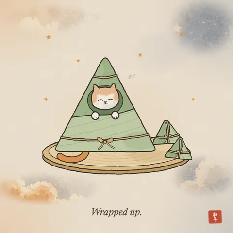On a bamboo tray, a ginger-and-white cat is wrapped up like a zongzi in a big triangle of bamboo leaf tied with string, its contented face and paws poking out of a round opening and its tail sticking out onto the tray. Two real zongzi sit beside it. Caption: Wrapped up.