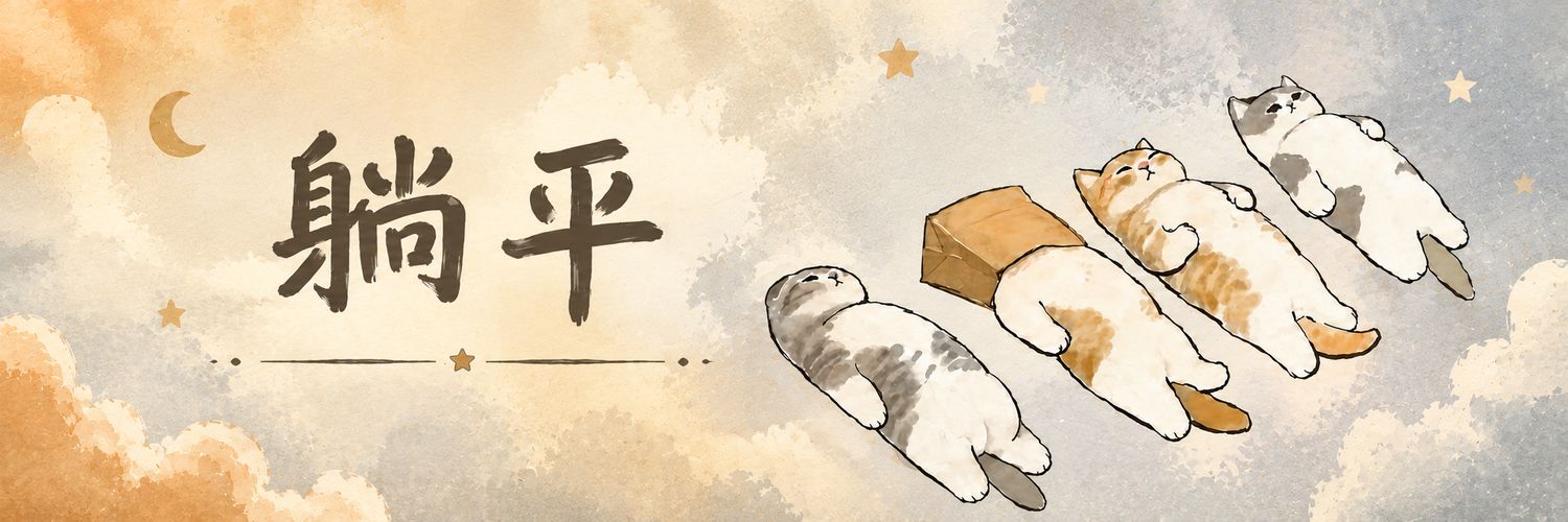Four cats lying flat on their backs, floating through watercolor clouds. One has a paper bag on its head. Beside them, 躺平 in brush calligraphy.